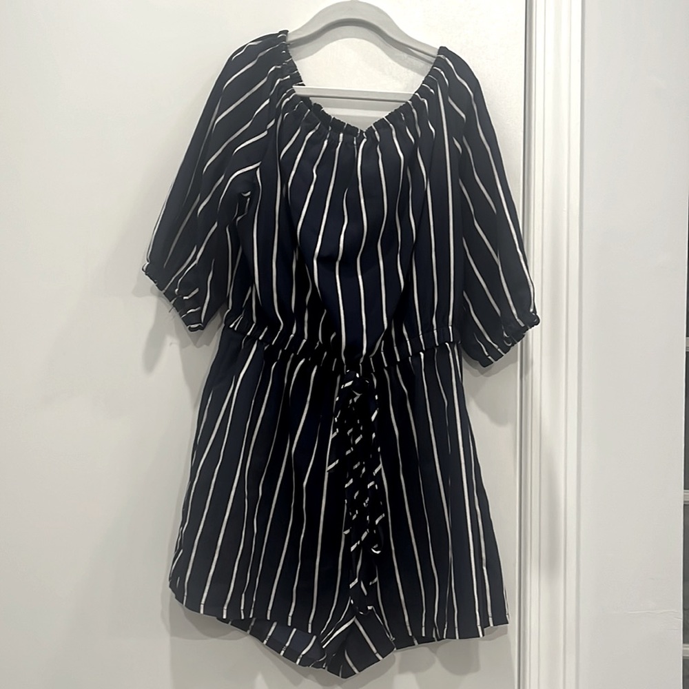Nautical Off the Shoulder Romper with White Stripes